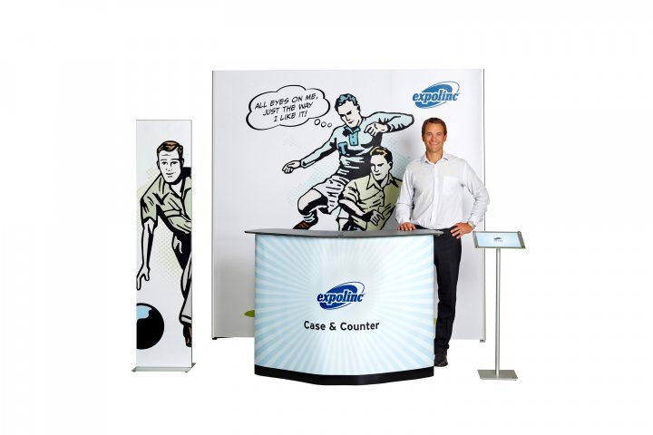Expolinc Beispielstand Kombination 3x3 Case&Counter, Magnet Frame mit Panel Base, Info Stand
